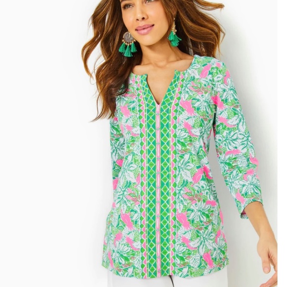 NWT Lilly Pulitzer UPF 50+ Karina ChillyLilly Tunic Top Botanical Green XL HTF
